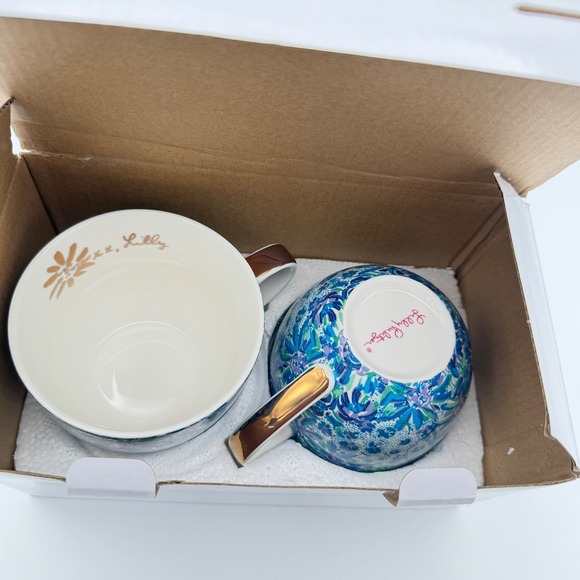 Lilly Pulitzer Ceramic Mugs Set of 2 Blue Floral Paisley Gold Handles 12oz NEW - Picture 12 of 16